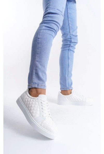 SLW166 Prestige Bağcıklı Cilt Kapitone Desenli Erkek Günlük Sneaker Ayakkabı Bt Beyaz