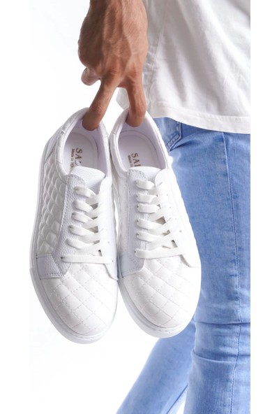 SLW166 Prestige Bağcıklı Cilt Kapitone Desenli Erkek Günlük Sneaker Ayakkabı Bt Beyaz