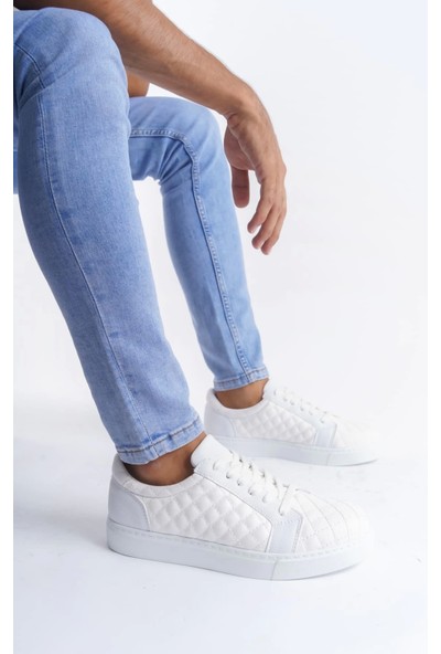 SLW166 Prestige Bağcıklı Cilt Kapitone Desenli Erkek Günlük Sneaker Ayakkabı Bt Beyaz