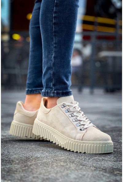 Aradım Taradım BA0505 Çengel Bağcıklı Krem Renk Yüksek Tabanlı Günlük Ayakkabı