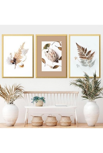 Kahverengi Otlar 1 Üçlü Çerçeve ve Poster Seti - B1056