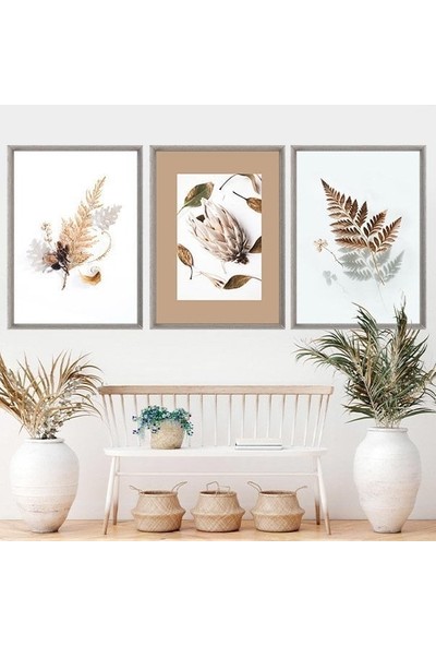 Kahverengi Otlar 1 Üçlü Çerçeve ve Poster Seti - B1056