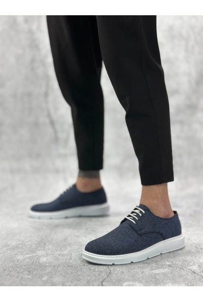 BA0003 Bağcıklı Klasik Spor Keten Lacivert  Beyaz Taban Casual Erkek Ayakkabı
