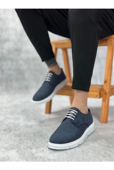 BA0003 Bağcıklı Klasik Spor Keten Lacivert  Beyaz Taban Casual Erkek Ayakkabı