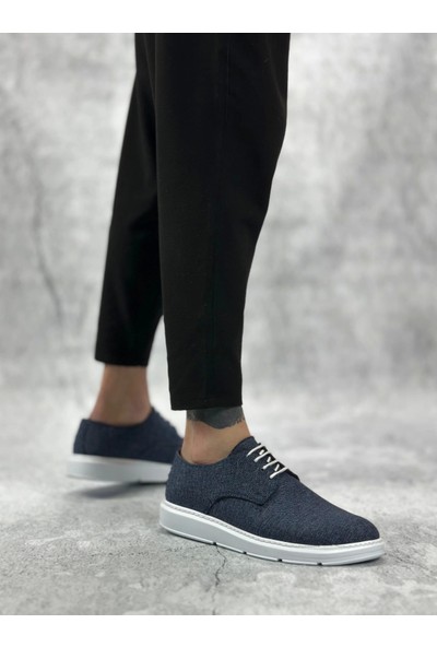 BA0003 Bağcıklı Klasik Spor Keten Lacivert  Beyaz Taban Casual Erkek Ayakkabı