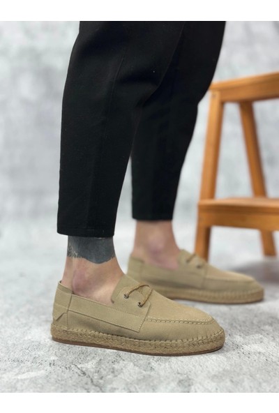 BA0358 Boa Doğal Deri Tozu Bağcıklı Kauçuk El Yapımı Espadril Taban Bej Renk Erkek Ayakkabı