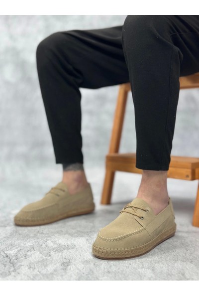 BA0358 Boa Doğal Deri Tozu Bağcıklı Kauçuk El Yapımı Espadril Taban Bej Renk Erkek Ayakkabı