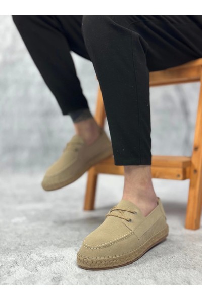 BA0358 Boa Doğal Deri Tozu Bağcıklı Kauçuk El Yapımı Espadril Taban Bej Renk Erkek Ayakkabı