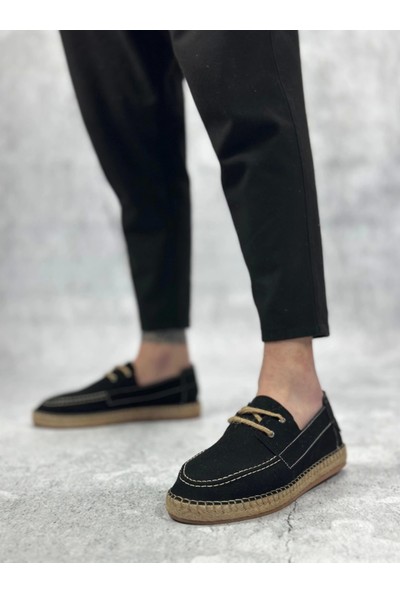 BA0358 Boa Doğal Deri Tozu Bağcıklı Kauçuk El Yapımı Espadril Taban Siyah Renk Erkek Ayakkabı