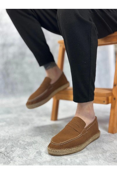 BA0359 Boa Doğal Deri Tozu Bağcıksız Kauçuk El Yapımı Espadril Taban Taba Renk Erkek Ayakkabı