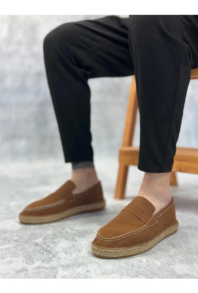 BA0359 Boa Doğal Deri Tozu Bağcıksız Kauçuk El Yapımı Espadril Taban Taba Renk Erkek Ayakkabı