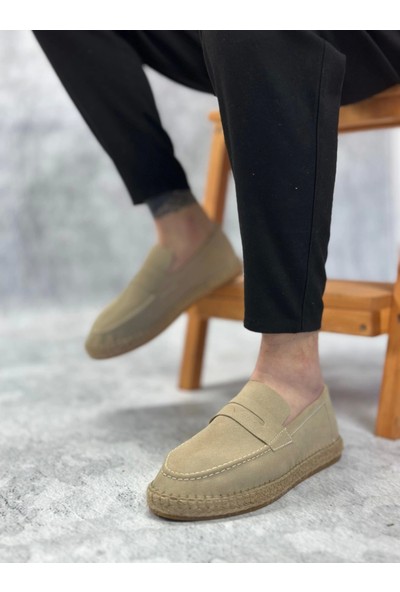 BA0359 Boa Doğal Deri Tozu Bağcıksız Kauçuk El Yapımı Espadril Taban Krem Renk Erkek Ayakkabı