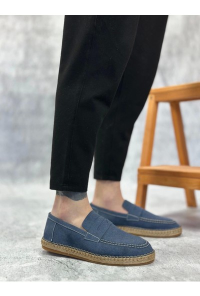 BA0359 Boa Doğal Deri Tozu Bağcıksız Kauçuk El Yapımı Espadril Taban Mavi Renk Erkek Ayakkabı