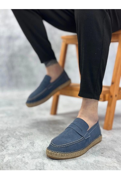 BA0359 Boa Doğal Deri Tozu Bağcıksız Kauçuk El Yapımı Espadril Taban Mavi Renk Erkek Ayakkabı