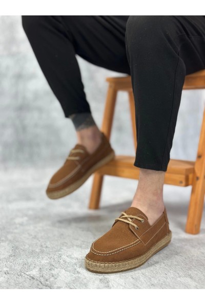 Aradım Taradım BA0358 Boa Doğal Deri Tozu Bağcıklı Kauçuk El Yapımı Espadril Taban Taba Renk Erkek Ayakkabı