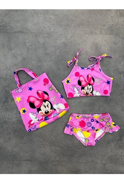 Aray Accessory Kız Çocuk ve Bebek Mickey Mouse Desenli Hızlı Kuruyan 3 Parça Alt Üst Mayo ve Çanta Takımı