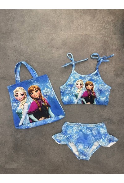 Aray Accessory 3 Parça Kız Çocuk Bikini Elsa Frozen Desenli Dalgıç Kumaş Çantalı Fırfırlı Ip Askılı Bikini
