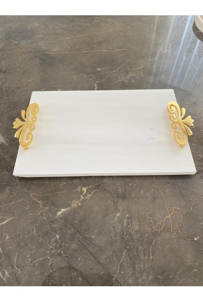 Aray Accessory Beyaz Mermer Söz Nişan ve Sunum Tepsisi 20 x 30  cm  Gümüş ve Gold Renkli Kulplar