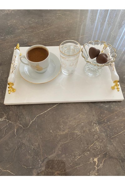 Aray Accessory Beyaz Mermer Söz Nişan ve Sunum Tepsisi 20 x 30  cm  Gold Renkli Kulplar