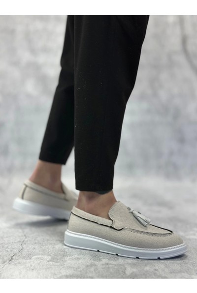 Aradım Taradım BA0005 Bağcıksız Yüksek Taban Klasik Keten Beyaz Püsküllü Erkek Ayakkabı