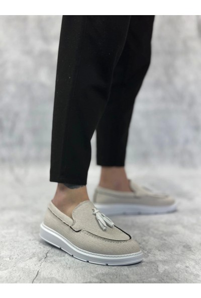 Aradım Taradım BA0005 Bağcıksız Yüksek Taban Klasik Keten Beyaz Püsküllü Erkek Ayakkabı