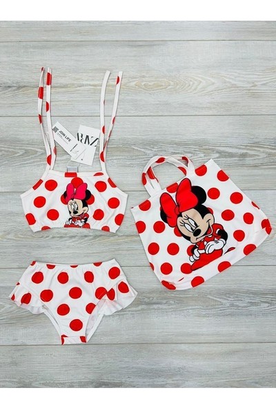 Aray Accessory Kız Çocuk Ve Bebek Mickey Mouse Kalp Desenli Hızlı Kuruyan 3 Parça Alt Üst Mayo Ve Çanta Takımı