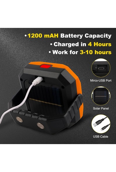 Aral Teknoloji LED Far Şarj Edilebilir Güneş Spot Pil 3 Modu USB ile LED Işıkları, 360° Braket, Atölye Için Manyetik Taban, Inşaat, Kamp, Yürüyüş, Garaj, Balıkçılık(Turuncu)