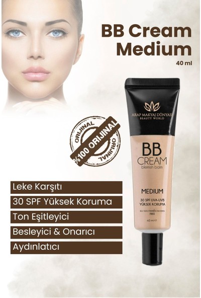 Arap Makyaj Dünyası BB Krem SPF30 UVA-UVB Koruma, Ton Eşitleyici ve Nemlendirici, Tüm Cilt Tipleri, 40 ml