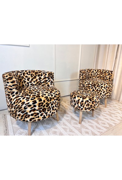 Leopar Çay Seti 2'li Koltuk Berjer ve Puf Takımı 3'lü Set