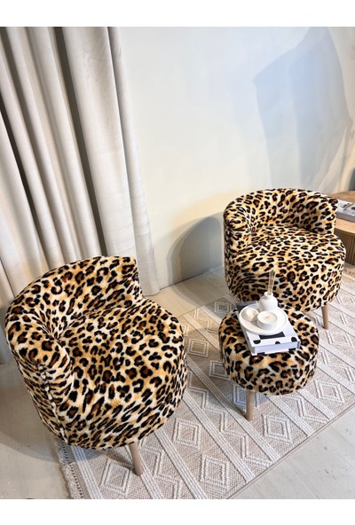 Leopar Çay Seti 2'li Koltuk Berjer ve Puf Takımı 3'lü Set