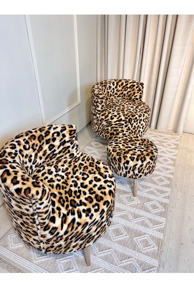 Leopar Çay Seti 2'li Koltuk Berjer ve Puf Takımı 3'lü Set