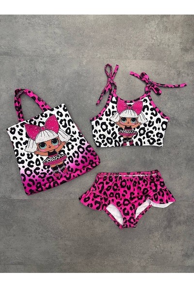 Aray Accessory Çantalı Üçlü Kız Çocuk Fırfırlı Bikini Takım Üstü Baskılı Kız Çocuk Mayo