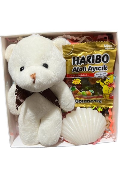 ARALMİNİ  Beyaz Aşk Mutluluk Kutusu Minik Ayıcık Mum Anahtarlık Çanta Süsü Ayıcık ve Hediye Haribo 1 Adet