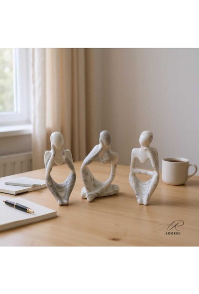 Mermer Görünümlü Düşünen Insan Figürü 3’lü Set - Dekoratif - Modern Porselen Tozu Obje - 12.5 cm
