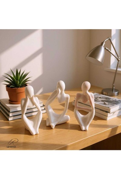 Mermer Görünümlü Düşünen Insan Figürü 3’lü Set - Dekoratif - Modern Porselen Tozu Obje - 12.5 cm