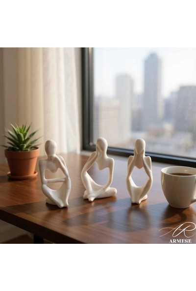 Mermer Görünümlü Düşünen Insan Figürü 3’lü Set - Dekoratif - Modern Porselen Tozu Obje - 12.5 cm