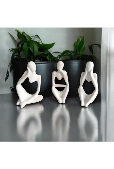Mermer Görünümlü Düşünen Insan Figürü 3’lü Set - Dekoratif - Modern Porselen Tozu Obje - 12.5 cm