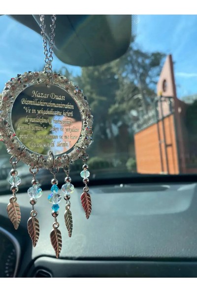 Yeni Nazar ve Ayetel Kürsü Duası Hediyelik Metal Yapraklı Kristal Boncuklu Araç Dikiz Aynası Süsü