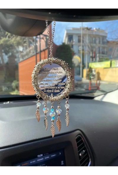 Yeni Nazar ve Ayetel Kürsü Duası Hediyelik Metal Yapraklı Kristal Boncuklu Araç Dikiz Aynası Süsü