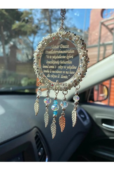 Yeni Nazar ve Ayetel Kürsü Duası Hediyelik Metal Yapraklı Kristal Boncuklu Araç Dikiz Aynası Süsü