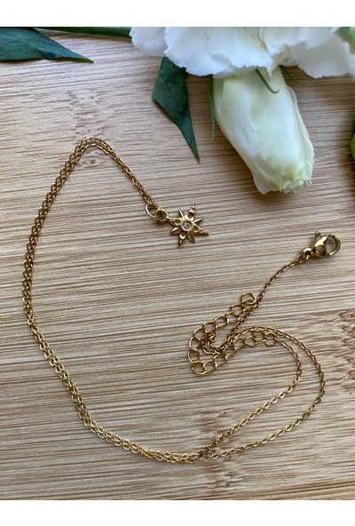 Arasera Çelik Zirkon Taşlı Altın Renkli Yıldız Kolye