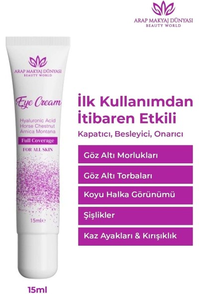 Arap Makyaj Dünyası Mor Göz Kremi 15 ml – Hyaluronik Asit ve At Kestanesi ile Aydınlatıcı, Kapatıcı ve Canlandırıcı Etki