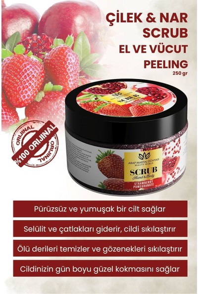 Arap Makyaj Dünyası Çilek ve Nar Aromalı Doğal Tanecikli Unisex El ve Vücut Peelingi 250 ml – Cildi Yumuşatır ve Pürüzsüzleştirir