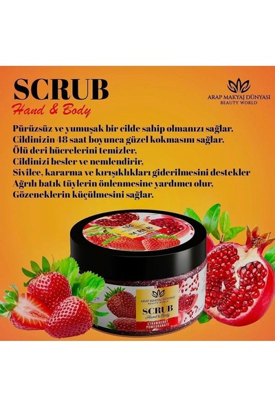 Arap Makyaj Dünyası Çilek ve Nar Aromalı Doğal Tanecikli Unisex El ve Vücut Peelingi 250 ml – Cildi Yumuşatır ve Pürüzsüzleştirir