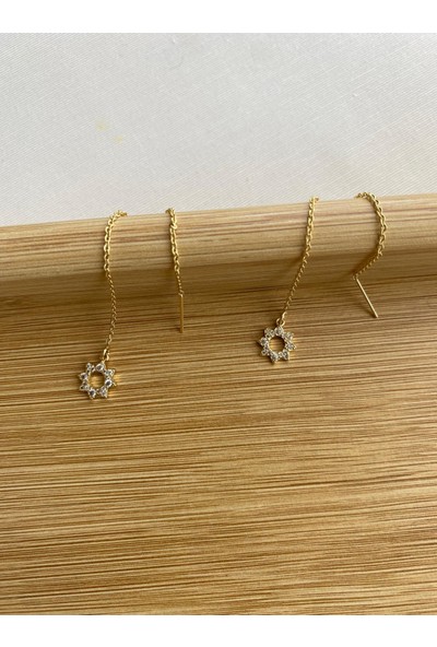 Arasera Çelik Altın Renk Zirkon Taşlı Zincir Detaylı Küpe