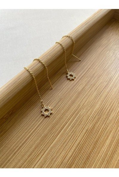 Arasera Çelik Altın Renk Zirkon Taşlı Zincir Detaylı Küpe