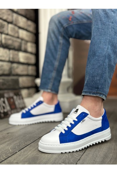 BA0323 Boa Kalın Tırtık Yüksek Taban Beyaz Mavi Bağcıklı Spor Erkek Ayakkabı