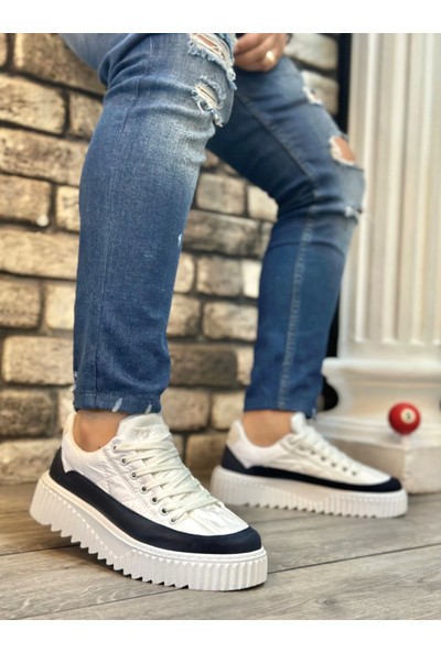 BA0801 Boa Yüksek Taban Beyaz Paraşüt Kumaş Laci Cilt Detaylı Erkek Ayakkabı