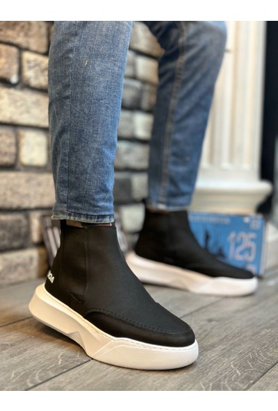 Aradım Taradım BA0150 Bağcıksız Bantlı Erkek Yüksek Taban Beyaz Siyah Taban Spor Bot