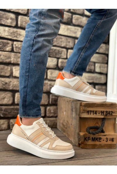 BA0548 Boa Kalın Yüksek Krem Beyaz Taban Beyaz Bağcıklı Spor Erkek Ayakkabı